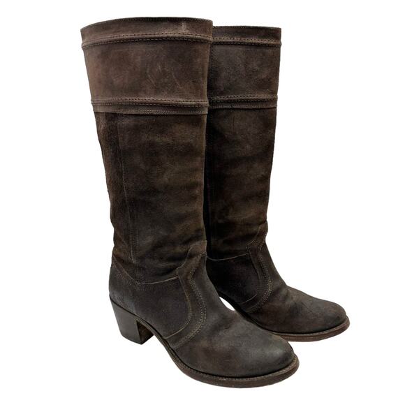 Frye Jean Jane Brown Roughout Leather Stitched Pull On Tall Riding Western Boots - Picture 4 of 12